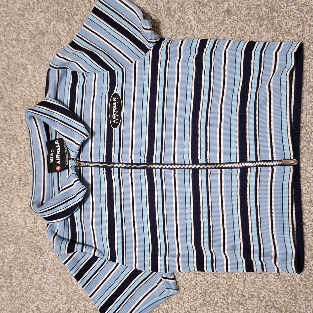 Airwalk x Forever 21 Cropped Zip Up Top in dark and light blue stripes w